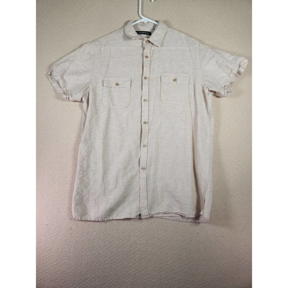 Axist Shirt Mens Medium M Linen Blend Button Up Short Sleeve Tan Regular Fit - Picture 1 of 11
